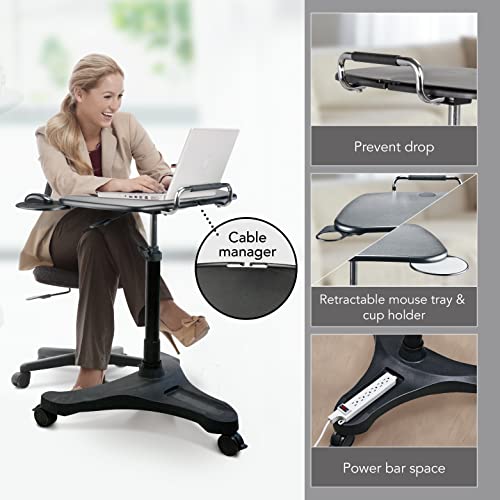EHO Mobile Laptop Desk Cart with Wheels, Height Adjustable Standing Desk with Pneumatic Lift, Rolling Workstation with Mouse Tray and Cup Holder, Portable Table for Home Office or Classroom EHO