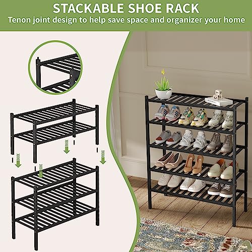 ROMGUAR CRAFT 3 Tier Bamboo Shoe Rack for Closet Free Standing Wood Shoe Shelf Storage Organizer for Entryway Small Space Stackable 27"x11"x20" (Black) ROMGUAR CRAFT