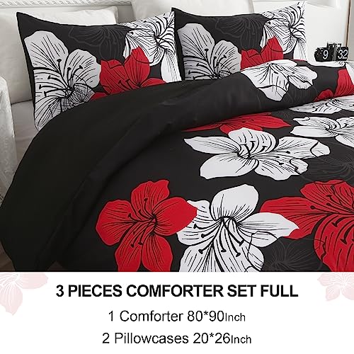 Menghomeus Black Comforter Set Full Red and White Floral Comforter with 2 Pillowcases Modern Bedding Sets Lightweight Boho Bed Set for All Season (1 Comforter, 2 Pillowcases) Menghomeus