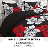 Menghomeus Black Comforter Set Full Red and White Floral Comforter with 2 Pillowcases Modern Bedding Sets Lightweight Boho Bed Set for All Season (1 Comforter, 2 Pillowcases) Menghomeus