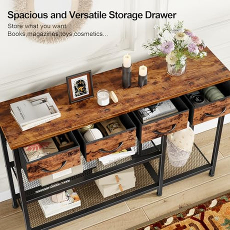 Furnulem Entryway Table 47'' Sofa Console Table with 4 Fabric Drawers, Industrial Entry Way Shoe Rack with Metal Mesh Shelf for Front Door, Foyer Wooden Top, Sturdy Metal Frame, Rustic Brown Furnulem