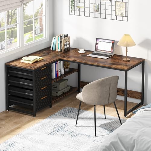 Tribesigns L Shaped Computer Desk with Storage Drawers, 59 inch Corner Desk with Shelves, Reversible L-Shaped Office Desk Study Writing Table Workstation for Home Office, Brown Tribesigns