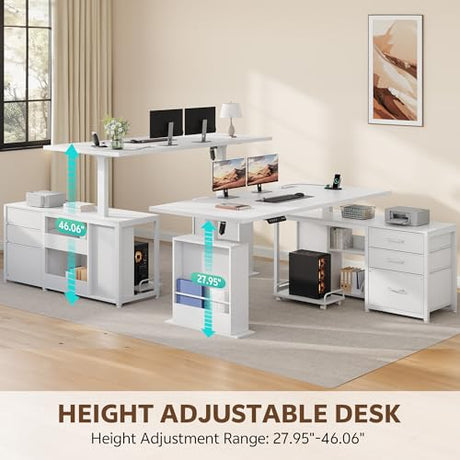 Homiflex 63" L Shaped Standing Desk with 3 Drawers Electric Adjustable Height Desk Corner Standing Desk with Storage Computer Game Desk with Power Outlets Computer Tower Stand for Home Office, White Homiflex