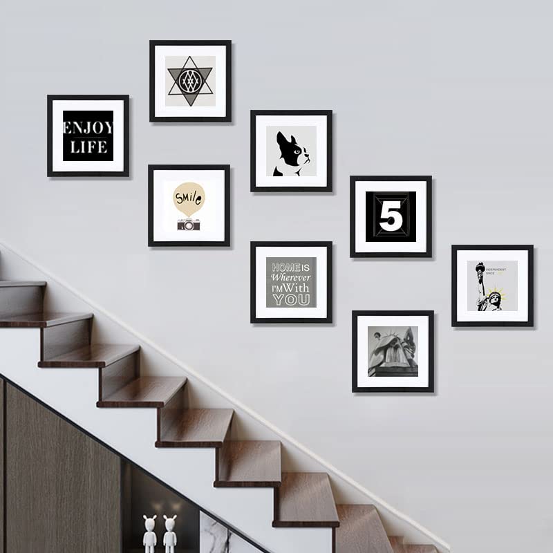 HEART ART 12x12 Black Picture Frame Set of 9, Display Pictures 8x8 with Mat or 12 x 12 without Mat, Multi Collage Gallery Square Photo Frames for Wall HEART ART