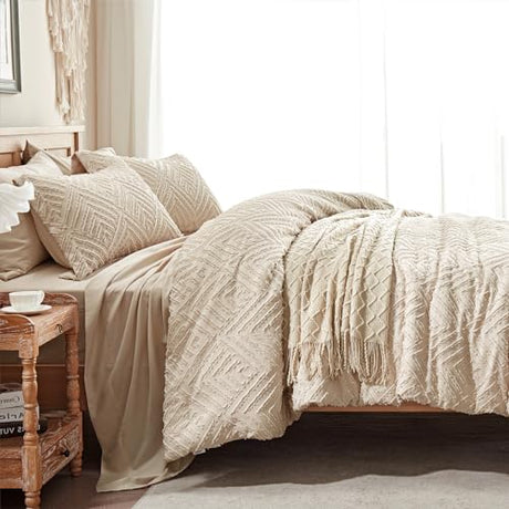 Zzlpp Twin Comforter Set 5 Pieces, Beige Tufted Bed in a Bag with Comforter, Pillow Sham, Pillowcase, Flat Sheet, Fitted Sheet - All Season Boho Bedding Sets Zzlpp