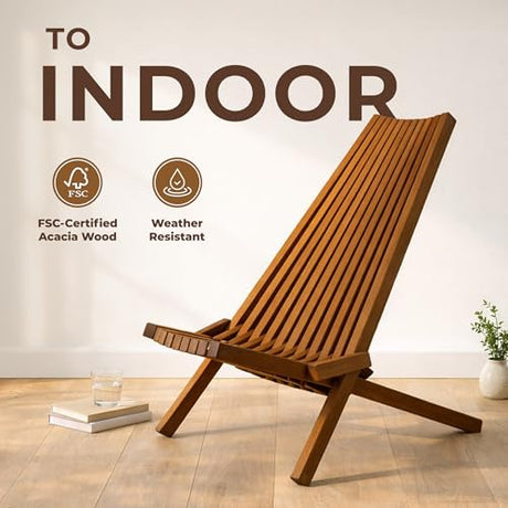 Melino Wooden Folding Tamarack Chairs, FSC Certified Acacia Low Profile Adirondack Chairs, Wood Folding Chair for Outdoor, Patio, Porch, Pool, Backyard, Garden, Balcony and Deck - Chestnut - Single Melino