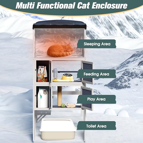 COZIWOW Insulated Outdoor Cat Catio, Large Wood Cat Enclosure with Weatherproof Roof, 2 Resting Rooms, 2 Platforms, 4-Tier Cat Playpen (Grey-Insulated) COZIWOW