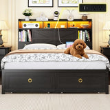 Etditrnp Full Bed Frame with Storage Headboard, Farmhouse Platform Bed Frame with Bookshelf, Drawers, LED Lights and Charging Station, Metal Slats Support, Noise Free, No Box Spring Needed, Black Etditrnp