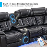 Comfort Stretch Power Recliner Sectional Sofa Couches with Bass Speakers for Living Room, Faux Leather Reclining Corner Sectionals Sofa Couch Sets with LED Light, Electric Theater Recliners Home,Black