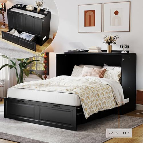 Mhsatyrs Murphy Bed Full Size: Black 2 in 1 Murphy Bed Cabinet with Drawer, Wood Cabinet Bed with Charging Station, Modern Hidden Beds for Small Spaces Mhsatyrs