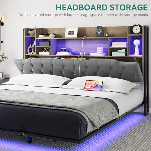 YITAHOME King Floating Bed Frame, Upholstered Platform Bed with RGB LED Lights, Headboard Storage, and Charging Station, No Box Spring Needed,Dark Gray YITAHOME