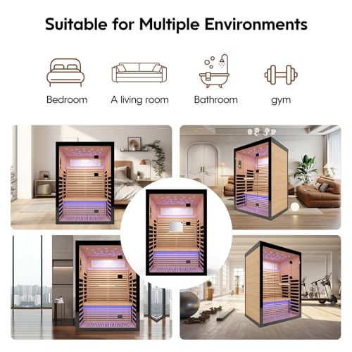 OUTEXER 2 Person Infrared Sauna Room Far Infrared Saunas Home Canadian Hemlock Indoor 2100W Low-EMF Dry Saunas with Oxygen Bar 7 Color Therapy 53.1 * 47.2 * 74.8inch OUTEXER