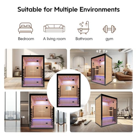 OUTEXER 2 Person Infrared Sauna Room Far Infrared Saunas Home Canadian Hemlock Indoor 2100W Low-EMF Dry Saunas with Oxygen Bar 7 Color Therapy 53.1 * 47.2 * 74.8inch OUTEXER