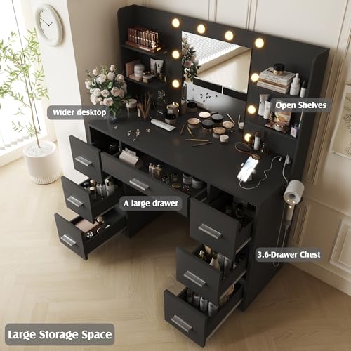 YESHOMY Vanity Desk with Mirror, Power Outlet and 10 Lights, Makeup Table with 7 Drawers, 3 Color Modes Available for Bedroom, Pure Black