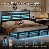 Arviano Home King Size Bed Frame with Storage Headboard, Rustic Industrial Metal Platform Bed Frame with LED Lights and Charging Station, Under Bed Storage, Noise-Free/No Box Spring Needed, Black Arviano Home