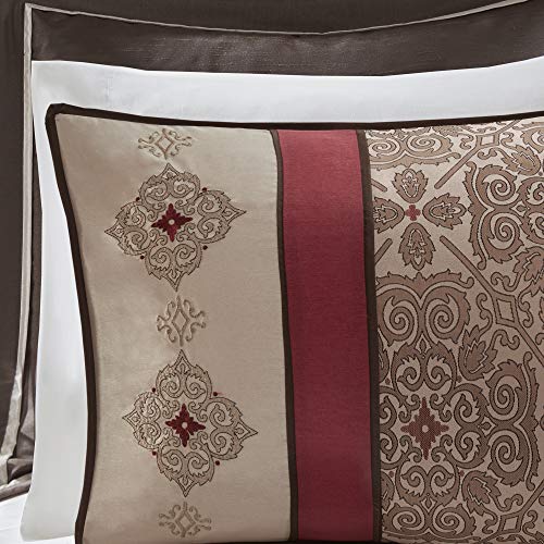 Madison Park Essentials Delaney 24-Piece Room In A Bag Comforter Set-Satin Jacquard, All Season Luxury Bedding, Sheets, decorative pillows and Curtains, Valance, King(104"x92"), Medallion Red Madison Park