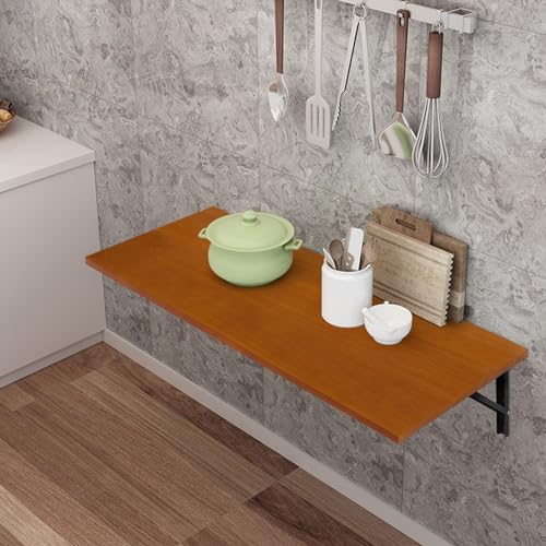 RêveLife 31.5 Inch Wall Mounted Folding Table Solid Pine Wood Floating Desk Industrial Rustic Workbench Heavy Duty Drop-Leaf Table Computer Bar Dining Table for Laundry Room Small Space Office, Brown RêveLife