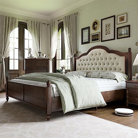 AMERLIFE King Size Solid Wood Bed Frame, Transitional Platform Bed with 52.5" Upholstered Tufted Headboard, Rubberwood/Roman Column Accents/Wood Slat Support/No Box Spring Needed AMERLIFE