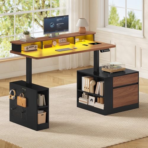 Standing Desk Adjustable Height, 70" Executive Electric Office Desk, Sit Stand Computer Desk with Storage Drawer, Power Outlets, Led Lights, Monitor Stand, Printer Space, Pegboard Black&Walnut UPOSOJA