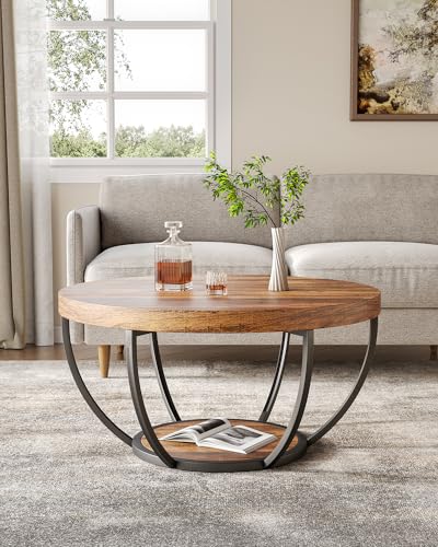 LITTLE TREE Round Coffee Table, 32" Circle Coffee Table for Living Room, 2-Tier Wood Accent Center Table with Open Storage Industrial Design Home Furniture (Brown and Black) LITTLE TREE