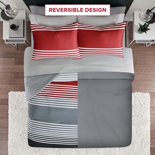 Comfort Spaces Twin XL Comforter Sets with Sheets - Bed in a Bag 6 Pieces Teen Bedding Sets, Red and Grey Stripes Bedding Twin XL, College Twin XL Bed Set with 2 Side Pockets Bedroom Organizer Comfort Spaces