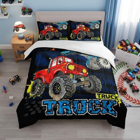 QOOMO Truck Comforter Set for Kids Teens Boys,Cars Kids Comforter,1 Comforter with 2 Pillowcase, Microfiber 3 Piece Bedding Set,Soft and Lightweight(Black，Full Size) QOOMO