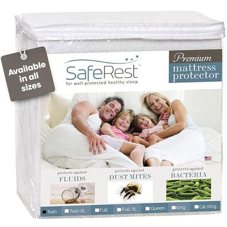 SafeRest Waterproof Twin Size Mattress Protector - Fitted with Stretchable Pockets - Machine Washable Cotton Blend Mattress Cover for Bed SafeRest