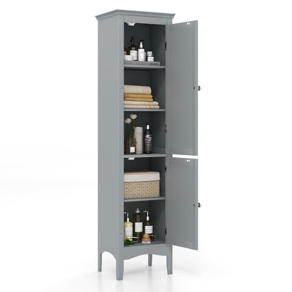 Tangkula Bathroom Storage Cabinet, 63" Freestanding Tall Narrow Floor Cabinet w/ 1 Adjustable Shelf & 2 Doors, Modern Slim Wooden Bathroom Cabinet for Bathroom Living Room (Grey)