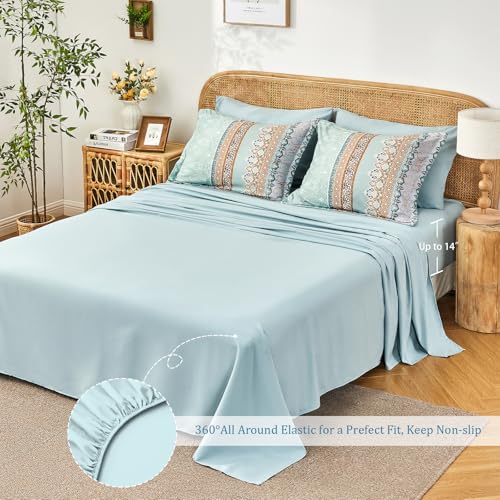LXWORX Boho Comforter Set King Size Sage Green - 7 Pieces Bohemian Floral Striped Comforter and Sheet Set, Soft Bed in a Bag Complete Bedding Sets King Size for All Season (Sage Green,King) LXWORX