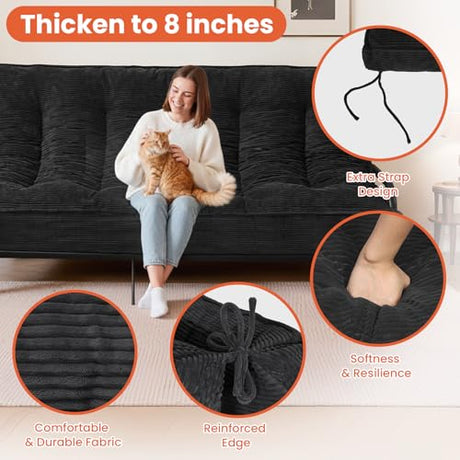 8" Futon Mattress Full Size, Futons Sofa Bed Sleeper Couch Bed, Roll Up Mattress with Shredded Foam & 2 Straps for Storage, Futon Floor Mattress for Living Room, Corduroy (Frame Not Included) Erament