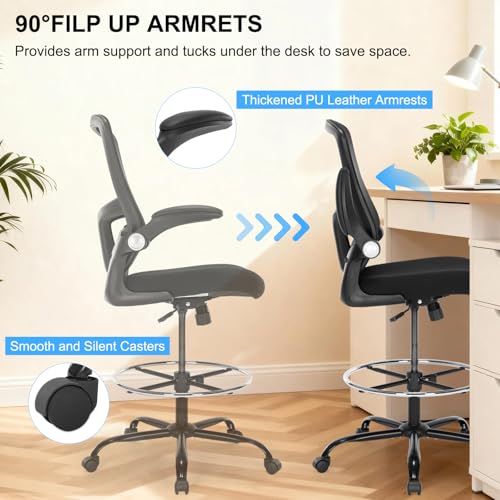 Bondesin Drafting Chair, Ergonomic Tall Office Chair with Lumbar Support Standing Desk Stool with Flip-up Armrests Comfy High Office Desk Chair with Adjustable Foot Ring for Counter Height Desk, Black Bondesin