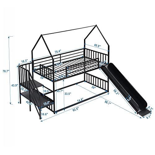 Twin Over Twin Bunk Bed with Slide and Storage Stairs, Heavy Duty Bunk Bed/House Bunk Bed Twin Over Twin, Twin Floor Bunk Beds for Kids, Girls, Boys(Twin Over Twin Black) Bellemave