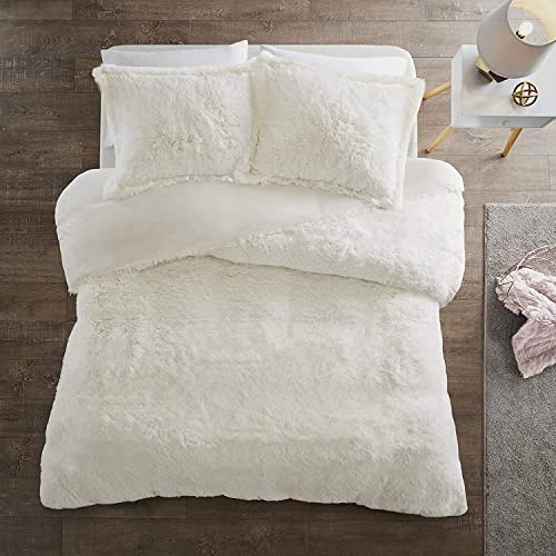 Intelligent Design Malea Shaggy Duvet with Quilted Box Design, Long Faux Fur Comforter Cover Cozy Bedding Set, Matching Shams, (Insert Not Included) Full/Queen, Ivory 3 Piece, 90x90 Intelligent Design