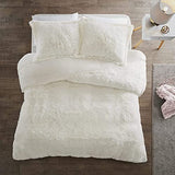 Intelligent Design Malea Shaggy Duvet with Quilted Box Design, Long Faux Fur Comforter Cover Cozy Bedding Set, Matching Shams, (Insert Not Included) Full/Queen, Ivory 3 Piece, 90x90 Intelligent Design