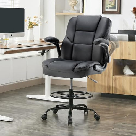 Drafting Chair 500Lbs, Tall Office Chair for Standing Desk, High PU Leather Executive Office Chair with Flip-up Armrests, Ergonomic High Chair with Adjustable Foot Ring, Comfy Stool Chairs, Black Sofetura