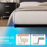 HOMERECOMMEND Floating Full Size Bed Frame,Full Bed Frame with Storage Headboard with Charging Station,Corduroy Upholstered Platform Bed with Smart LED Lights,No Box Spring Needed,Black+Dark Grey HOMERECOMMEND
