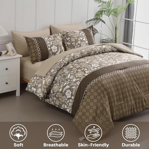 WONGS BEDDING Brown Comforter Set Queen, 7 Pieces Bed in a Bag Floral Patchwork Soft Microfiber Queen Sheet Set with Comforter, Flat Sheet, Fitted Sheet, Pillow Shams,Pillowcases WONGS BEDDING