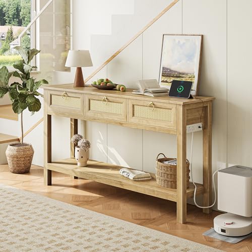 SUPERJARE Rattan Console Sofa Table with Outlets and USB-C Port, 3 Drawer Entryway Table with Synthetic Rattan Surface, Open Shelf, Behind Couch Entry Foyer Hallway Storage, Natural SUPERJARE