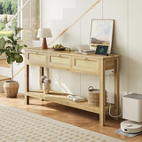 SUPERJARE Rattan Console Sofa Table with Outlets and USB-C Port, 3 Drawer Entryway Table with Synthetic Rattan Surface, Open Shelf, Behind Couch Entry Foyer Hallway Storage, Natural SUPERJARE