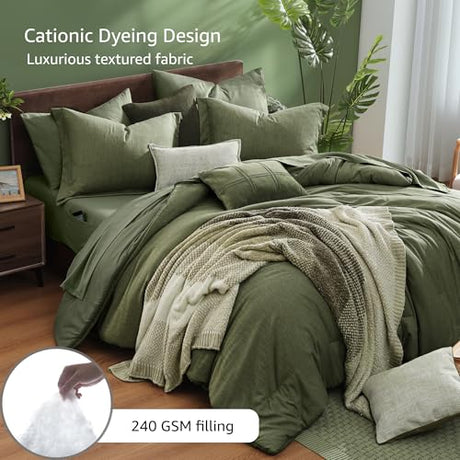 Monbix Full Size Comforter Set, Olive Green Bedding Comforter for Full Size Bed Set Reversible, Bedding Sets Full 7 Pieces, Cationic Dyeing Bed in a Bag with Comforter, Sheets, Pillowcases & Shams Monbix