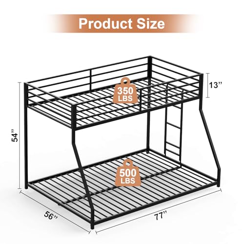 Kiivakii Twin Over Full Bunk Bed, Metal Bunkbed with Side Ladder, Low Profile, Full Length Upper Bed, Sturdy Metal Frame Support, No Box Spring Needed, Noiseless, Black Kiivakii
