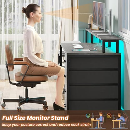 SEDETA Home Office Desk with File Drawer & Power Outlet, 66'' Computer Desk with 5 Drawer, Storage Shelves, Printer Cabinet and Monitor Shelf, Gaming Desk with Led Lights, Grey - WoodArtSupply