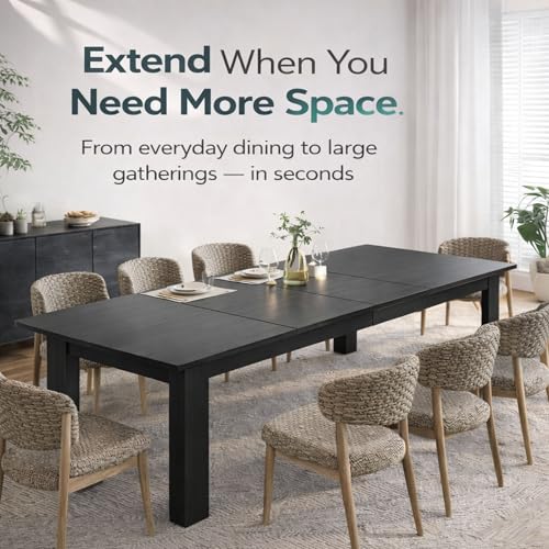 PatioPerk 54.3-84.5 Extendable Dining Room Table for 4–10, Space-Saving Family Dining Table with Slide-Out Extension Leaves, Modern Dining Table for Apartment Small Space (Black) PatioPerk