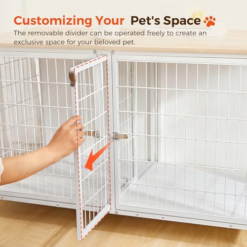 MAHANCRIS Dog Crate Furniture for 2 Dogs, 43.3" Dog Kennel with Removable Divider, Heavy Sturdy Dog Furniture Style Double Cage for Small Medium Dogs, Indoor Pet House End Table, Natural and White MAHANCRIS