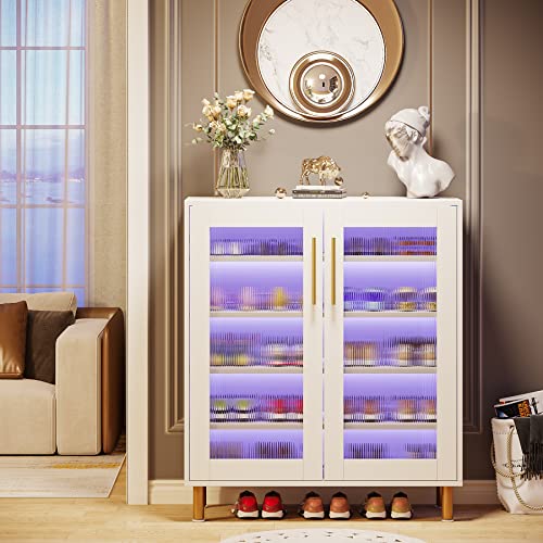 Tribesigns Shoe Cabinet with Acrylic Doors and LED Light, 24 Pairs Entryway Shoe Organizer Storage Rack with 5-Tier Adjustable Shelves for Narrow Closet, Hallway, Living Room (White & Gold) - WoodArtSupply