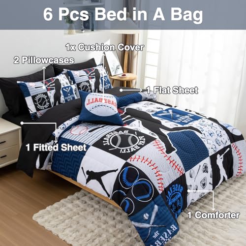 A Nice Night Sports Geometric Grid Black Patchwork Baseball Printed for Boys Twin 6Pcs Bed in A Bag Comforter Bedding Set,Blue A Nice Night
