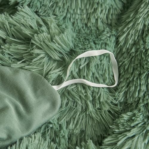 HAIHUA Faux Fur Sage Green Comforter Cover Queen Set, Soft Fluffy Shaggy Sage Green Bedding Queen Set 3 Pieces (1 Fuzzy Duvet Cover + 2 Plush Pillow Cases) Furry Bed Set, Zipper Closure HAIHUA