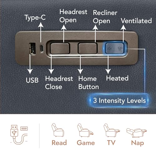 Watson & Whitely Genuine Leather Wall Hugger Power Recliner Chair with Power Headrest, Heating & Cooling, Electric Lay Flat Recliner with Cup Holders & Armrest Storage for Living Room, Navy Blue