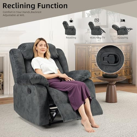 EBELLO Manual Recliner Chair, Classic and Fabric Recliner Sofa with Overstuffed Arms and Back for Living Room, Bedroom, Grey EBELLO