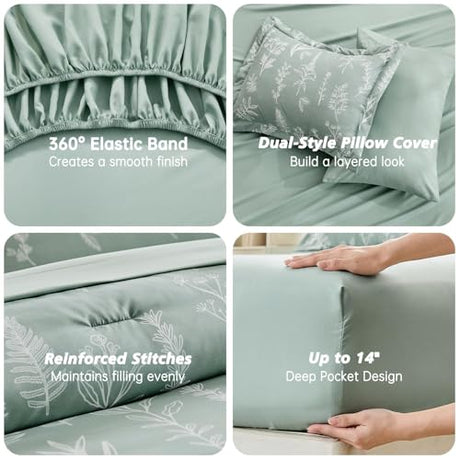 MUXHOMO Full Comforter Set, Sage Green Elegant Floral Print Bed in a Bag 7 Pieces, Ultra Soft & Breathable Reversible Botanical Pattern Bedding Set with Comforter, Sheets, Pillowcases, and Shams MUXHOMO